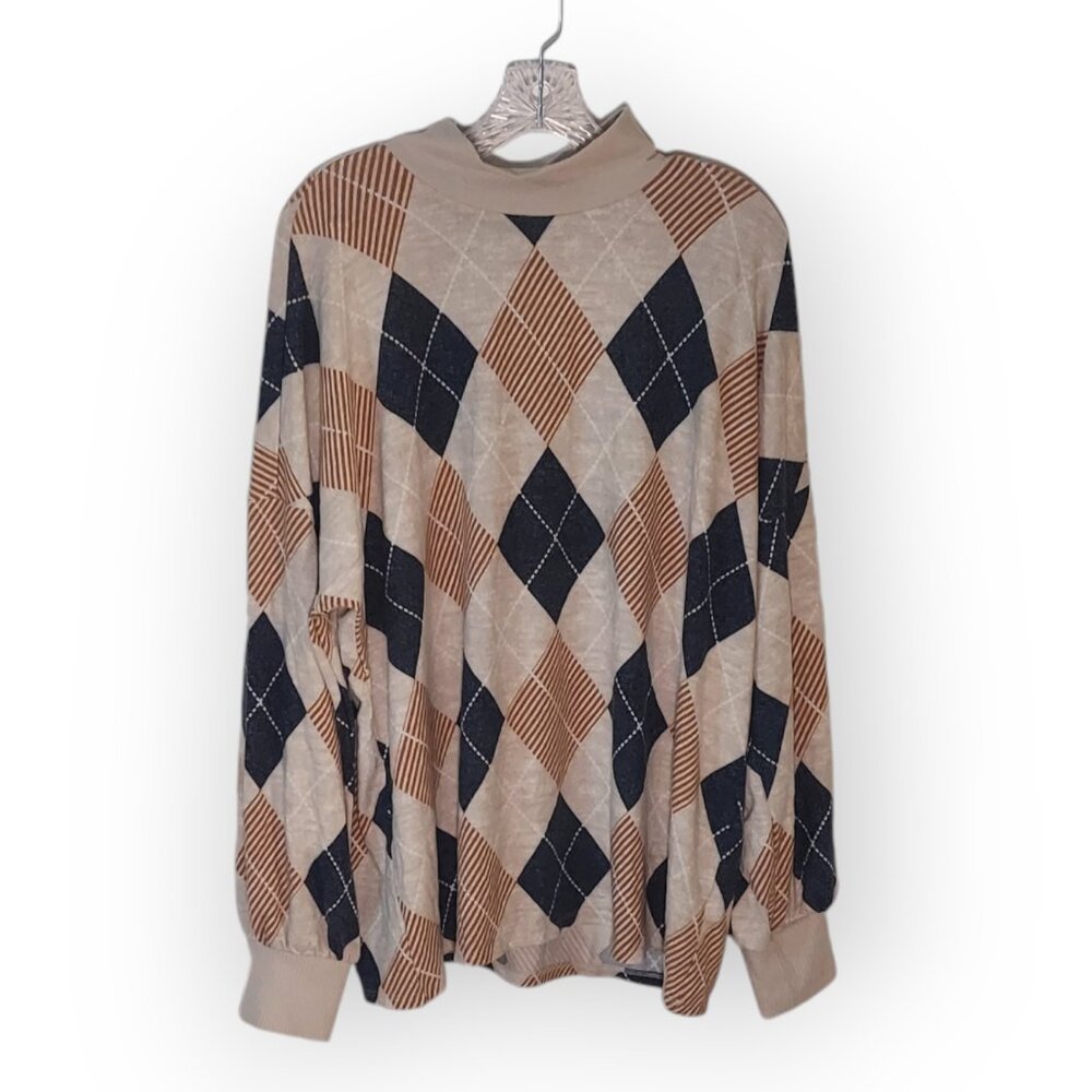 Maurices Womens Felicity Argyle Plaid Blouson Sleeve Top Sweater Relax Fit Sz 2x